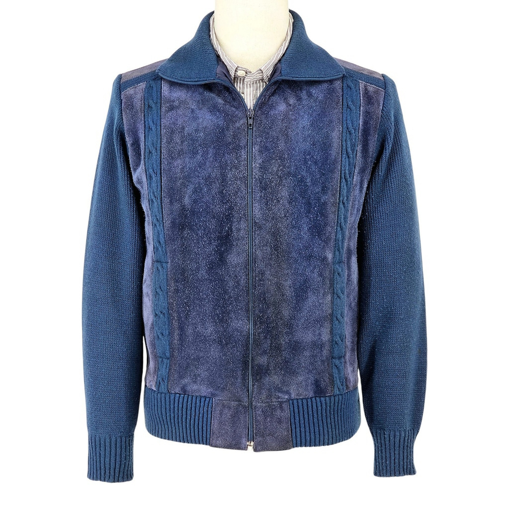 Vintage Royal Knight Leather Knit Jacket Mens Medium Blue Suede Zip
